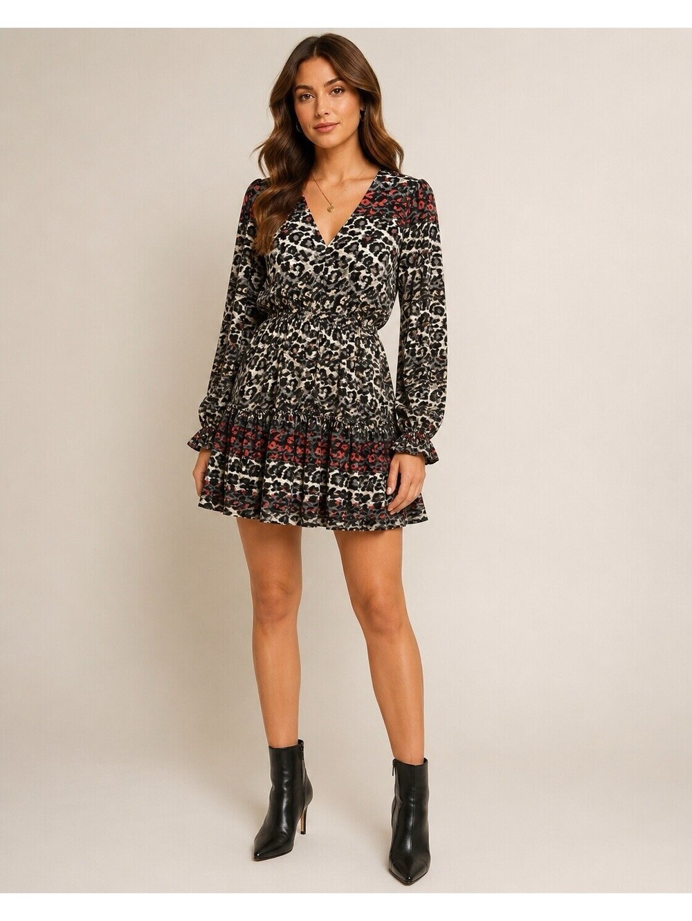 All Saints Alia Juba Dress XS Silk Animal Print Long Sleeve V-Neck